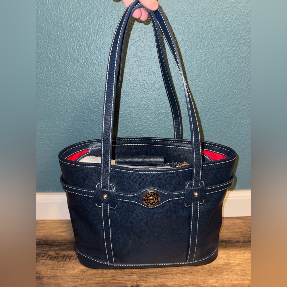 Dooney & Bourke Navy Blue Leather Tote, Wallet,& Key Fob w/ Contrast Stitching